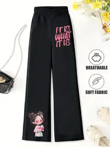 Kids' Casual Wide-Leg Pants, Bubble Tea Cartoon Girl & "IT IS WHAT IT IS" Quote Print, Multiple Colors, Machine Washable, Spring & Summer Pants, Soft Skin-Friendly Fabric, Daily Wear, Fashion Design