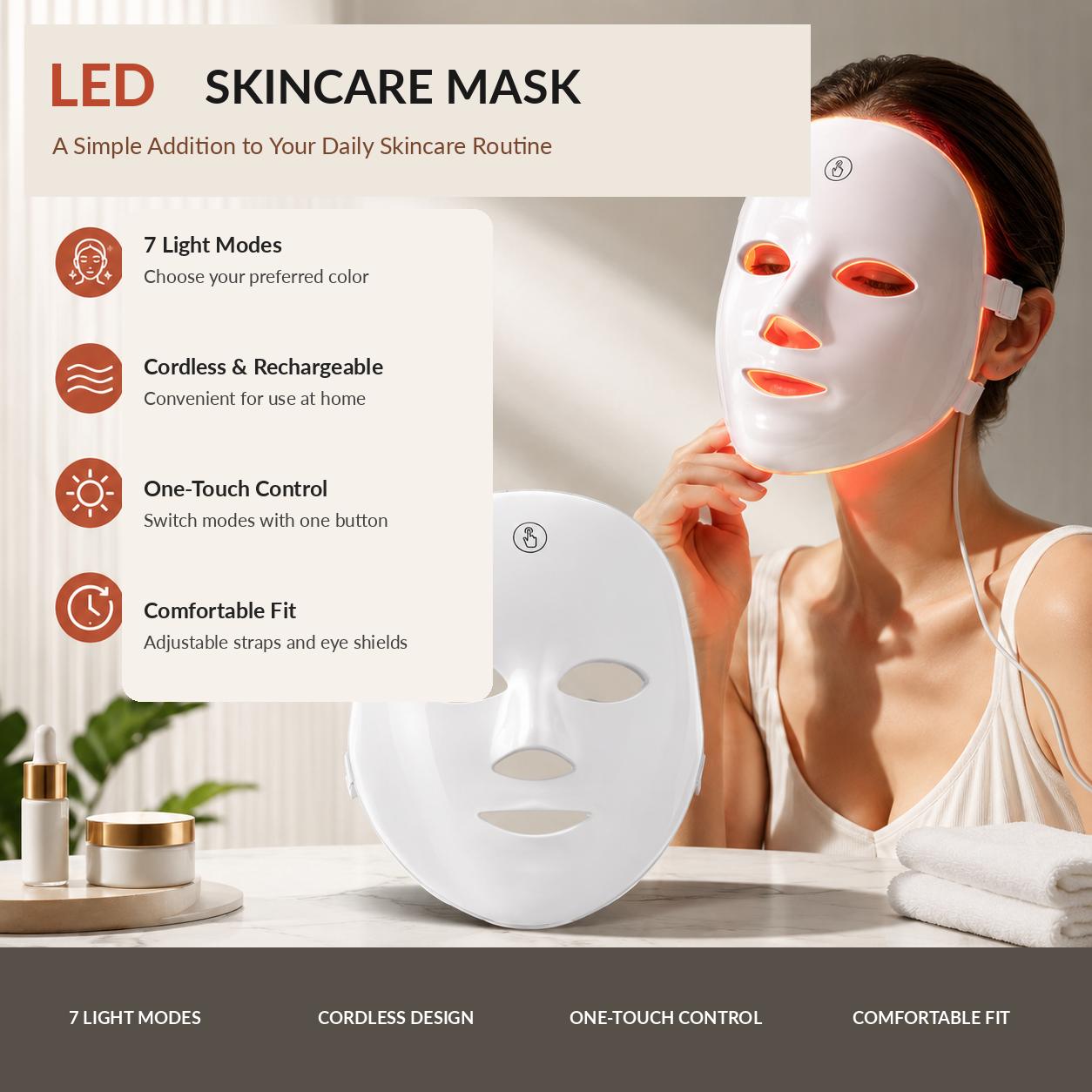 SISSTY Red Light Therapy Mask, 7-Color LED Facial Skincare Device with Wireless Charging, Daily Beauty Care Gift for Women