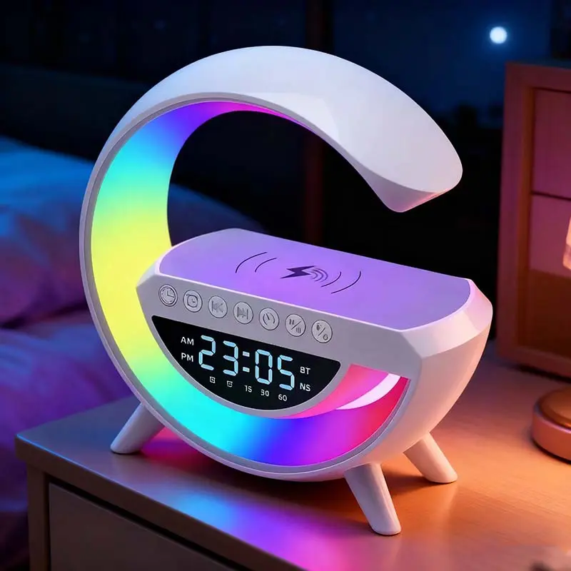 Big G-Type LED Mood Table Lamp - 15W Wireless Charging, White Audio Speaker, Smart Alarm Clock, 23*24*8cm, DC Power Supply, Bedroom Nightstand Decor for Home Improvement Indoor Lighting