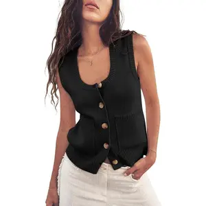 Womens Sweater Vest Summer Ribbed Tank Tops Sleeveless Button Down Shirts Scoop Neck Top for Women