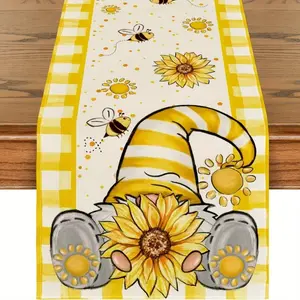 1 piece, 13.8*70.9 inches, yellow buffalo check sunflower gnome bee summer tablecloth, spring kitchen dining table decoration, suitable for home party decoration