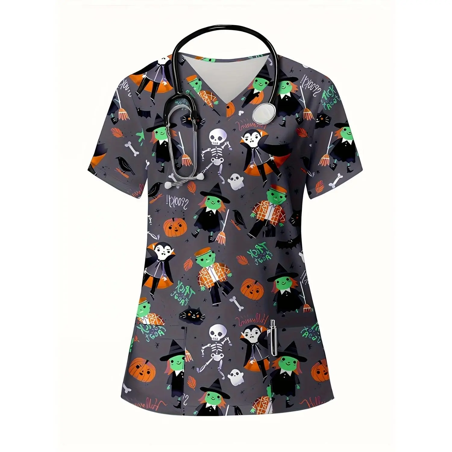 Women's Plus Size Nurse Costume - Pumpkin & Skull Print Scrubs Outfit, V-Neck Short Sleeve Dress - Machine Washable Doctor Role Play for Halloween, Hospital Parties & Themed Events - Adult Nurse Uniform