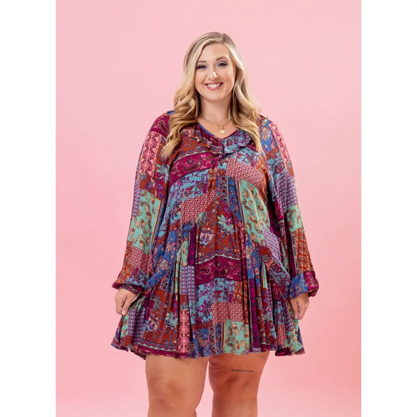 Easel Long Sleeve Patchwork Print Gauze Dress | S-L