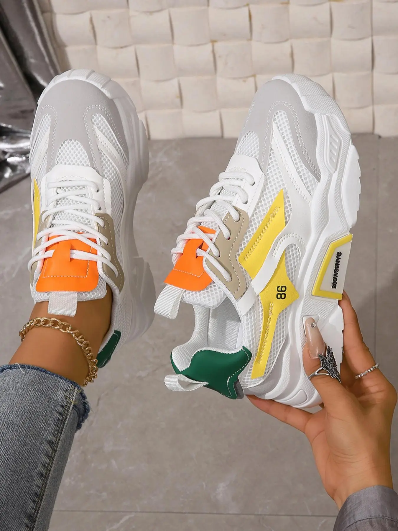 Colorblock Lace Up Chunky Sneakers for Women, Summer Mesh Sports Running Sports Platform Shoes for Training, Girl's Footwear, Athletic Walking Trainer