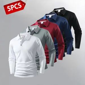 5-Piece Set Men's Long Sleeve Polos — Variety of Colors, Suitable for Everyday & Casual Wear Clothes Work White