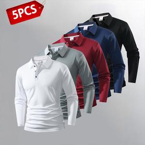 Men’s lightweight long-sleeve polo shirt set of 5 — available in multiple colors; suitable for everyday wear, casual wear, and work wear (white).