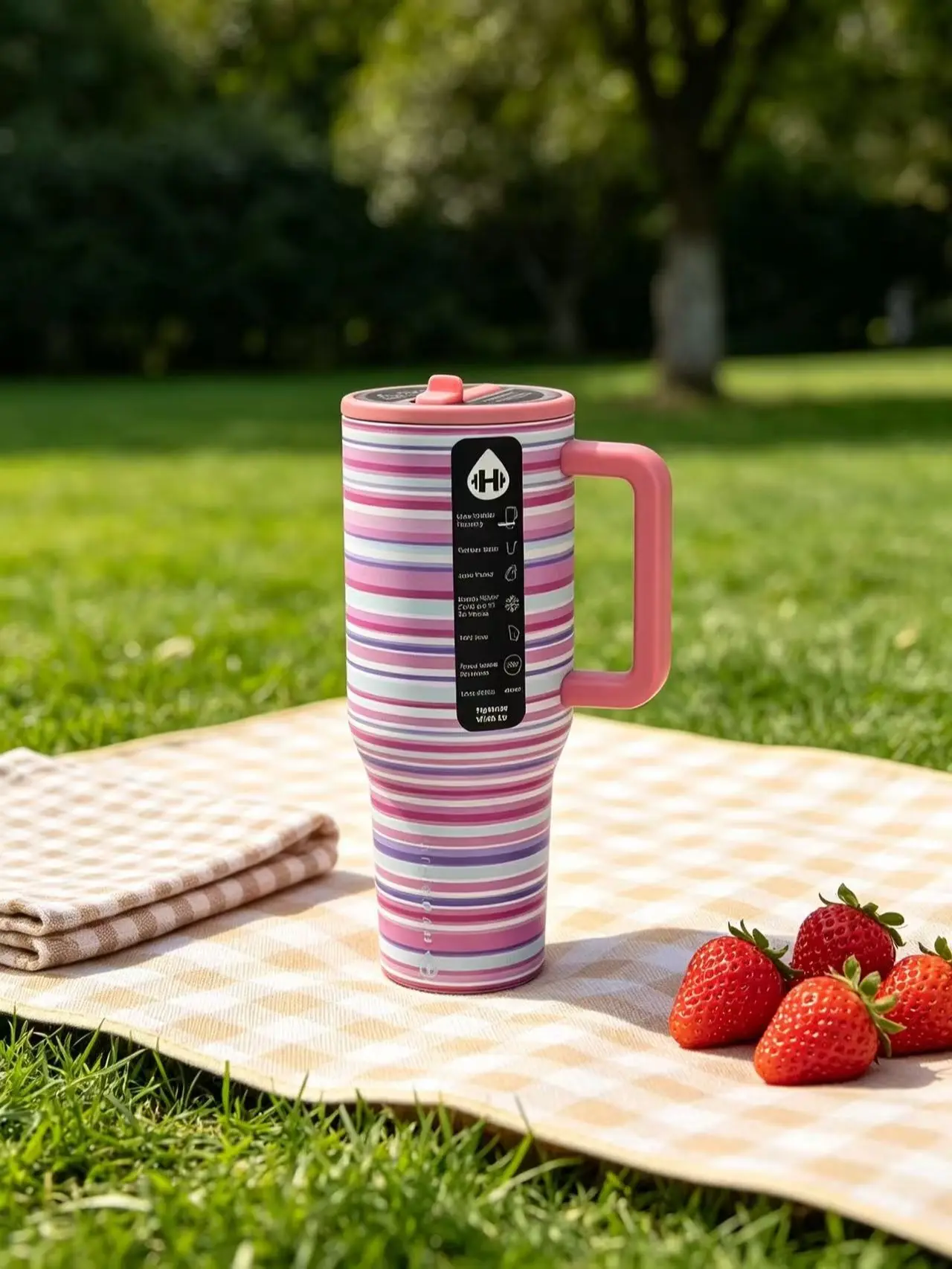 HydroJug 40oz light pink/purple striped pattern stainless steel travel cup with handle and straw cap,leak-proof design with handle travel cup,can keep cold drink status for 24 hours, suitable for park picnic,  Portable Water Bottles Water Bottles Tumbler,