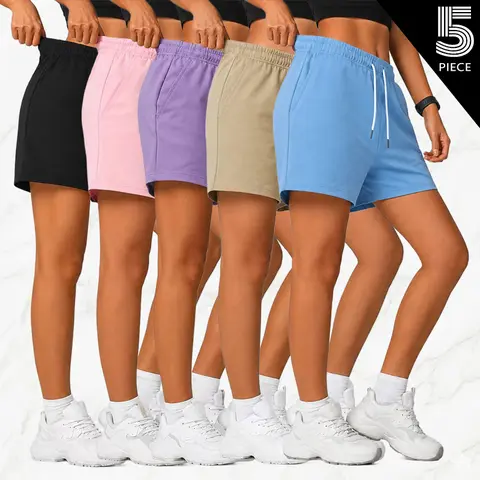 Women's Solid-Color Basic Casual Knitting Home Shorts (Pack of 5) - 6 Colors, Soft Quick-Dry Fabric, Drawstring Waist, Chic Above-the-Knee Fit, Everyday Loungewear, Outdoor Summer Yoga
