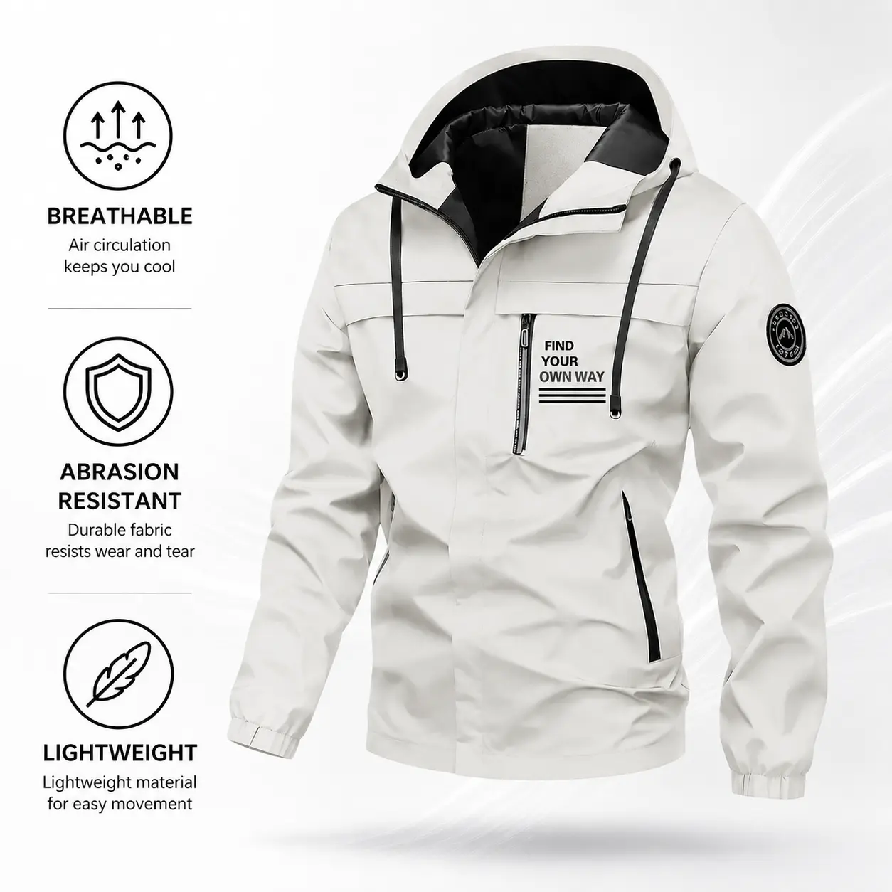 Men's Hooded Technical Jacket, Windproof Fleece-Lined Workwear, Lightweight and Breathable Outerwear for Outdoor Cycling, Pull-On, Outer Water-Repellent Fabric, Hooded Sports Jacket, Insulated Outerwear, Adjustable Strap, Camping&Hiking, Casual