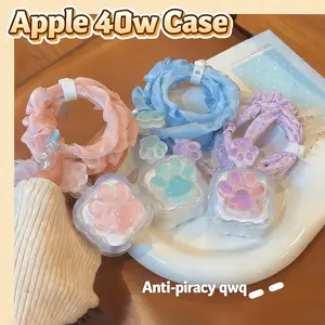 Cute Cat Paw Data Line Protector Case for Apple 40w Charger, Wave Head Sparkle Diamond Data Line Protection