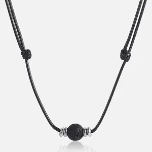 Hermah Natural Stone Leather Necklace Choker for Men Boys Single Bead Lava Tiger Eye Man-made Leather Chain Adjustable Punk Cool Jewelry Gifts