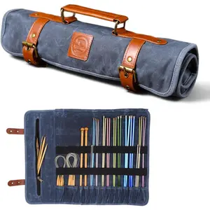 Waxed canvas knitting  case (up to 16 inches) - knitting bag - knitting  organizer- knitting  storage - circular knitting  case (blue)