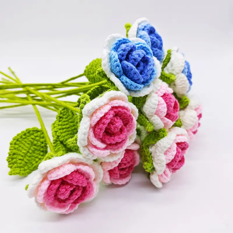1/3/7pcs Handmade Knitted Acrylic Fleece Crochet Blush Eternal Roses Bouquet - Eco-Friendly Elegant Romantic Bouquet Flowers, Love Gifts for Home Decor (Living Room), Wedding