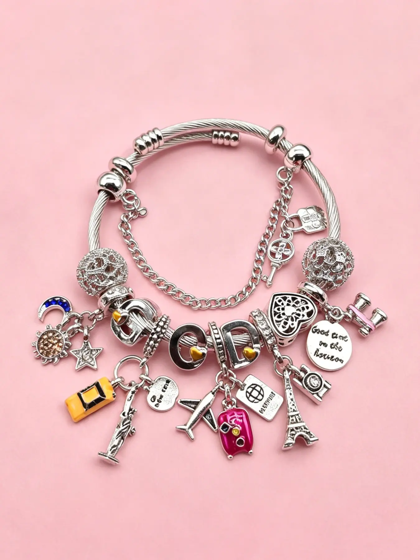 Vintage Travel Series Bracelet with Charms, Adjustable Unique Classic Fashion Bracelet with Telescope Car Suitcase Charm, Perfect Gift for Friends