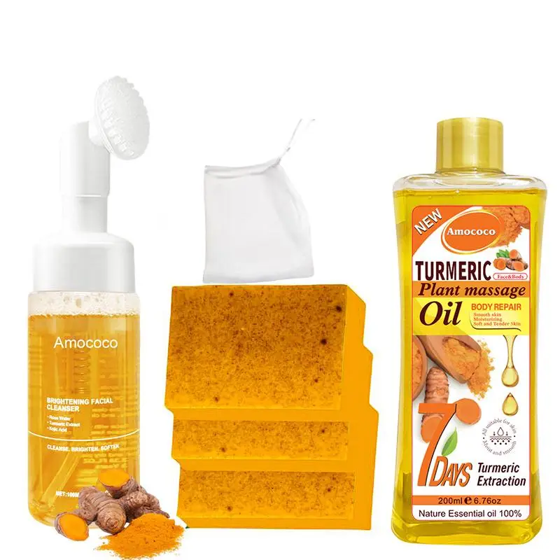 Amococo Turmeric Wash and Care Three PieceSet, Turmeric massage oil, TurmericCleansing Mousse, Turmeric SoapFacial Cleansing Skincare，FacialCleansing