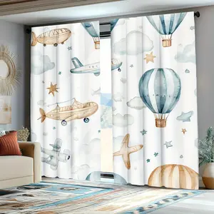 2pcs Cute Animal Curtains with Rainbow Hot Air Balloon & Airplane Design - 100% Polyester Semi-Translucent Rod Pocket Curtains for Bedroom & Living Room, Machine Washable Whimsical Decor, Living Room Curtains, Vintage Airplane Motif, Durable Fabric