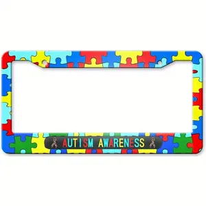Autism Awareness License Plate Frame – Colorful Puzzle Car Tag Frame Gift