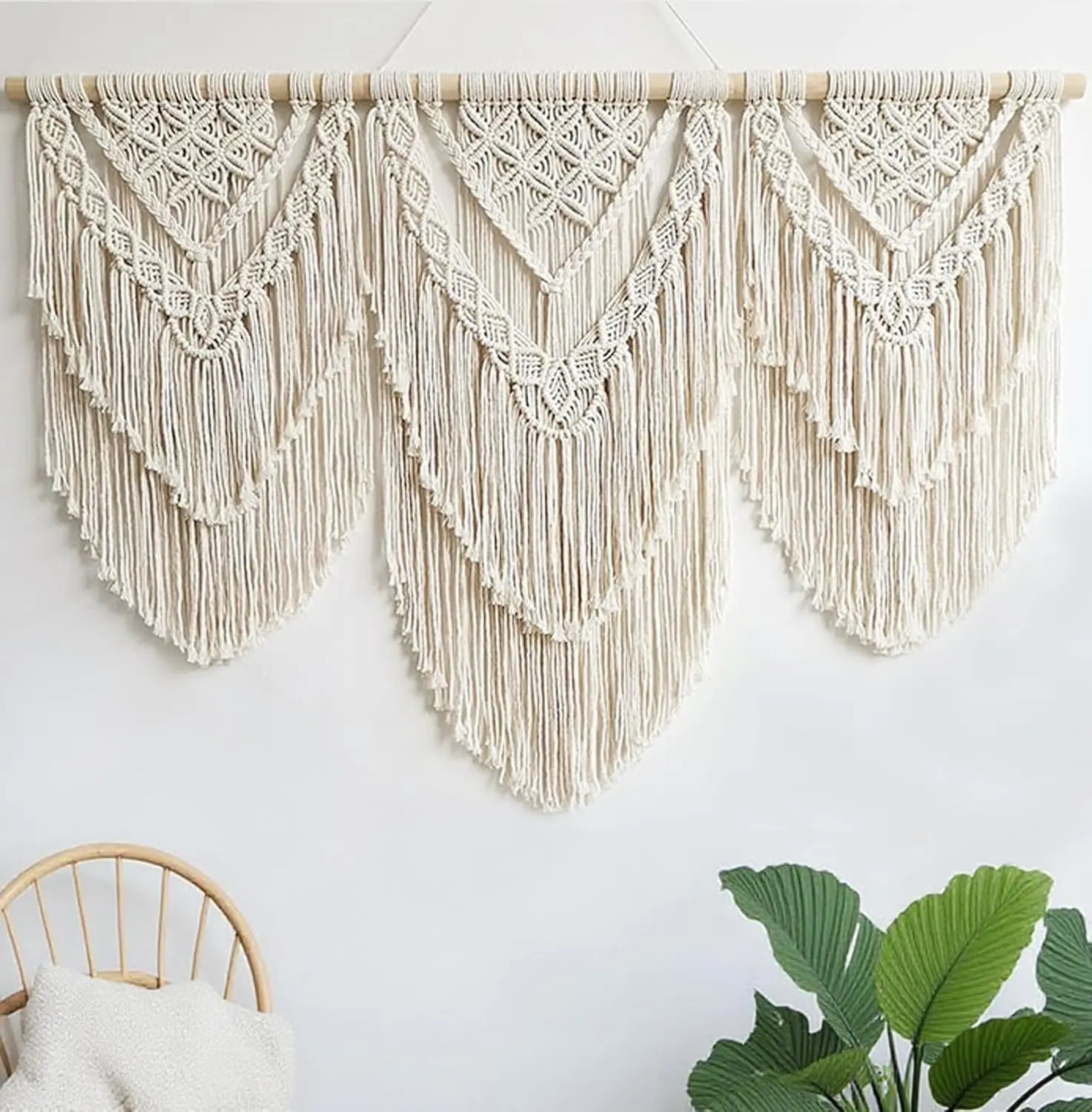 Cotton Handmade Boho Macrame Weaving Wall Hanging Tapestry - Double Layer, Modern, Durable, Eco-Friendly, Soft Home Decor with Synthetic Accents, 43x32 in Easy-Install Wooden Accent for Living Room, Bedroom (Cold Wash Compatible)
