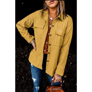 Mustard with Brown Buttons Ribbed Shacket