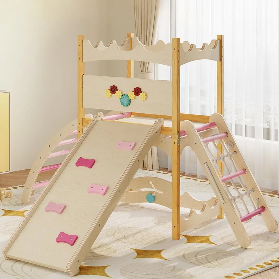 GAOMON Solid Wood 6-in-1 Indoor Montessori Toddler Playground Equipment Climb Frame (2 Kids) - Reinforced Support, Slide, Rock Climb, Net, Ladder, Rest Area, Circle Labyrinth, Hardware, Manual, Weight Limit