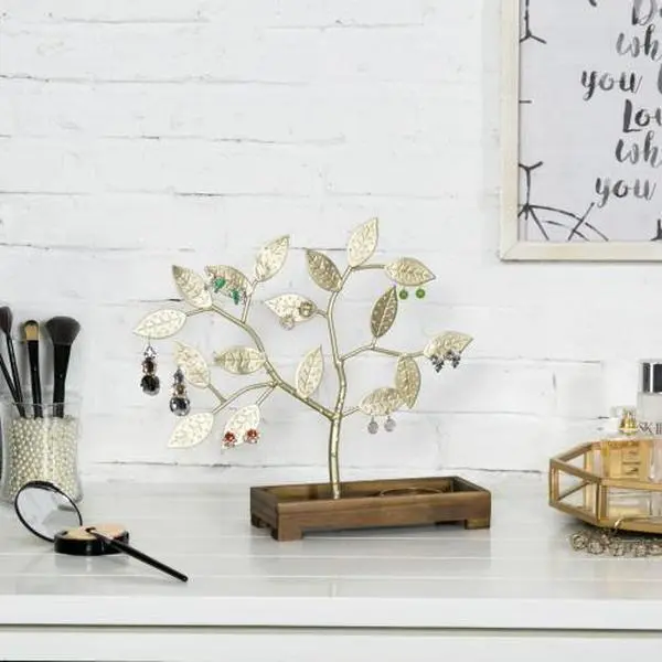 Brass-Tone Metal Jewelry Tree with Wood Ring Tray