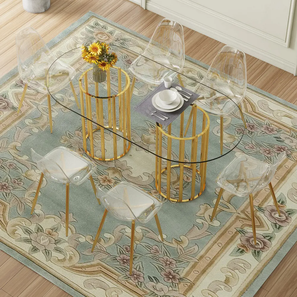 Dining Table and Chair Set. The 71-inch oval tempered glass dining table features a luxurious double-column design; it is paired with 6 or 8 transparent plastic dining chairs with metal legs.