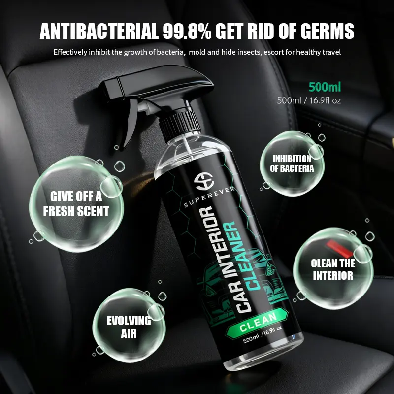 SUPEREVER Car Interior Cleaner & Protectant 500ml - Antibacterial 99.8% Germ Removal, Fresh Scent, Crystal Clear, Streak-Free Finish, UV Protection