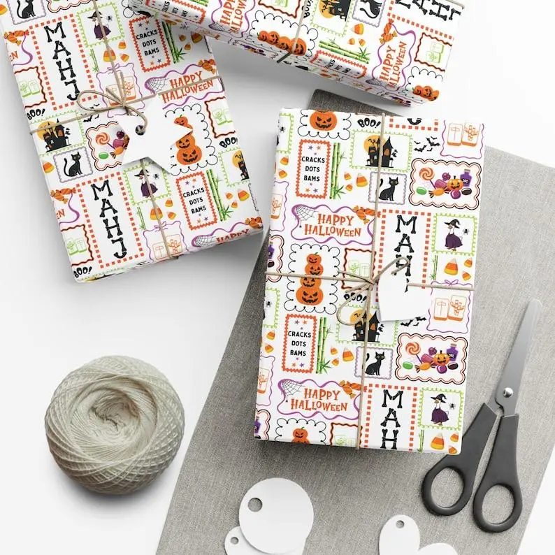 Mahjong Wrapping Paper, Mahj Halloween Spooky Season Holiday Gift Wrap