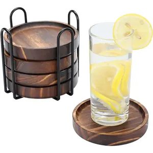 Wooden Coasters for Drinks - Natural Wood Drink Coasters Set with Holder for Modern Home Decor,Coasters for Coffee Table Tabletop Protection for Any Table Type, Set of 4-4.3Inches Tableware