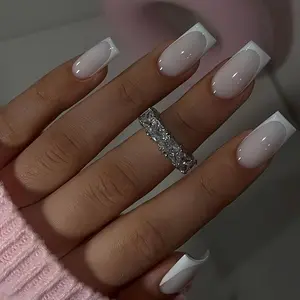 24pcs New European Style Press-On Nails, Simple Nude French Nail Stickers, Medium Long Square Shape, Easy to Apply, Lasting, High-End Look