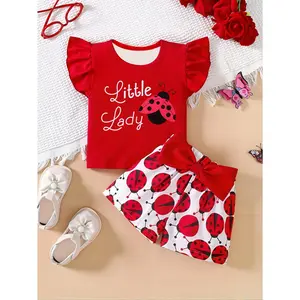 [Fashion] Two-Piece Girls' Fashion Shorts Set |   Flutter Sleeve Bow Print, Perfect Outdoor