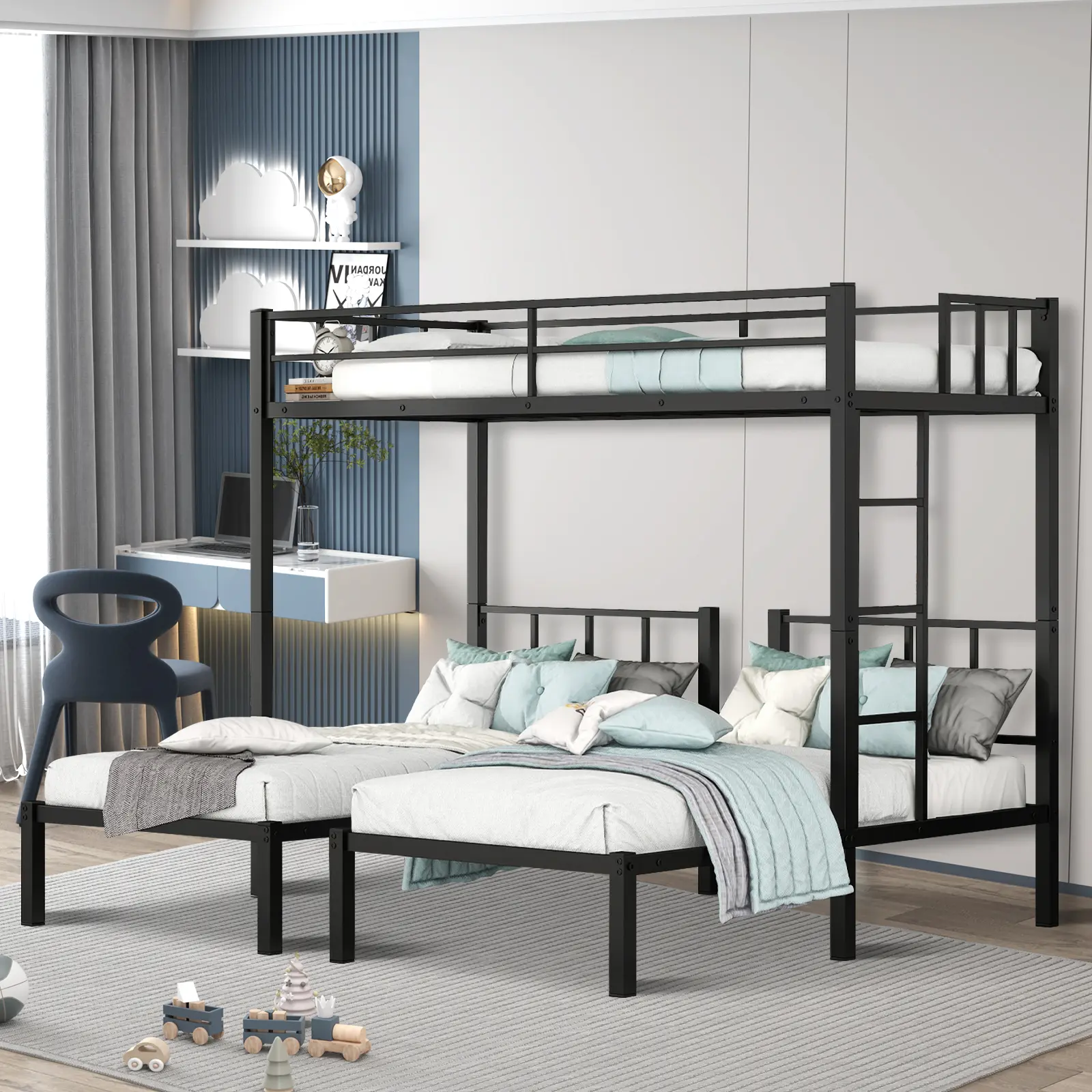 Eyisean Twin Size Metal Triple Bunk Bed, Modern Detachable Bed Frame with Full Length Guardrails & Ladder, Heavy Duty Noise Free Beds, Converts to Separate 3 Twin Beds, Space-Saving for Apartment