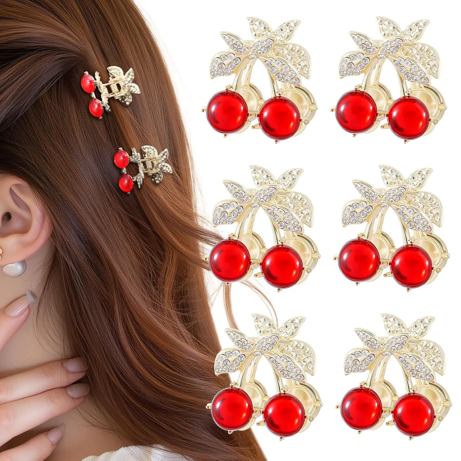 6 count Rhinestones Cherry Small Hair Clips-Mini Claw Clips for Women, Metal Springs, Cute Hair Accessories for Updo and Half Up Styles (Crystal Cherry)
