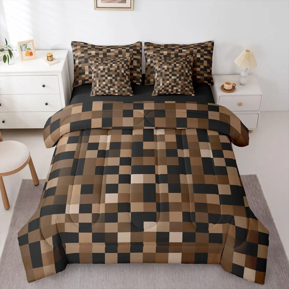 7 Piece Comforter Set,Brown Black Pixel Video Games Check Lattice Bed in a Bag Bedding Set with Fitted Sheet Flat Sheet Pillowcases & Shams,Geometric Grid Bedding for Bedroom Decor