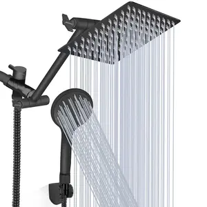 Shower Head Combo 8 Inch High Pressure Rain Shower Head With 11 Inch Adjustable Extension Arm and 3 Settings Handheld Spray 59inch Hose,Black,Chrome