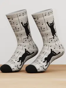 1 Pair Cat Music Note Socks, Unisex Bamboo Fiber, Fashionable Musical Pattern, Perfect Gift for Music Lovers, Cute Socks