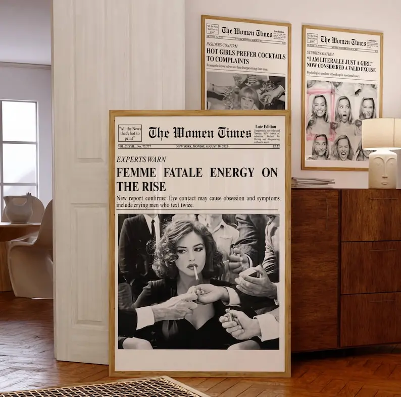 Trendy Girly Newspaper print, Femme Fatale aesthetic poster, New York News print, retro magazine print, newspapper headline, movie poster
