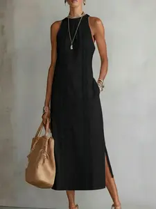 2026 Summer New Women's Halter Neck Solid Color Lace Patchwork Sleeveless Womenswear Dress, Elegant and Chic Design, Perfect for Casual Wear