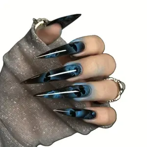 Press On Nails, 24pcs European-American Millennial Style Long Pointed Dark Blue Gradient Smudged Butterfly Jelly Gel Manicure, Romantic Elegant White-Enhancing Versatile Fashion Nails for Sports & Outdoor Protective Gear Pairing