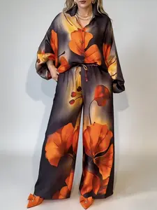 VVZ Women's Printed Two Piece Set Long Sleeve Shirt and Wide Leg Pants Elegant Loose Outfit