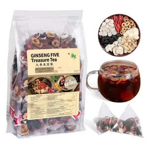 Ginseng Five Treasures Tea Kidney Tea, Traditional Chinese Herbal Tea, Natural Organic Kidney Cleanse Detox Tea for Women & Men, 7 Precious Ingredients Formula(1 Pack/25 Bags)