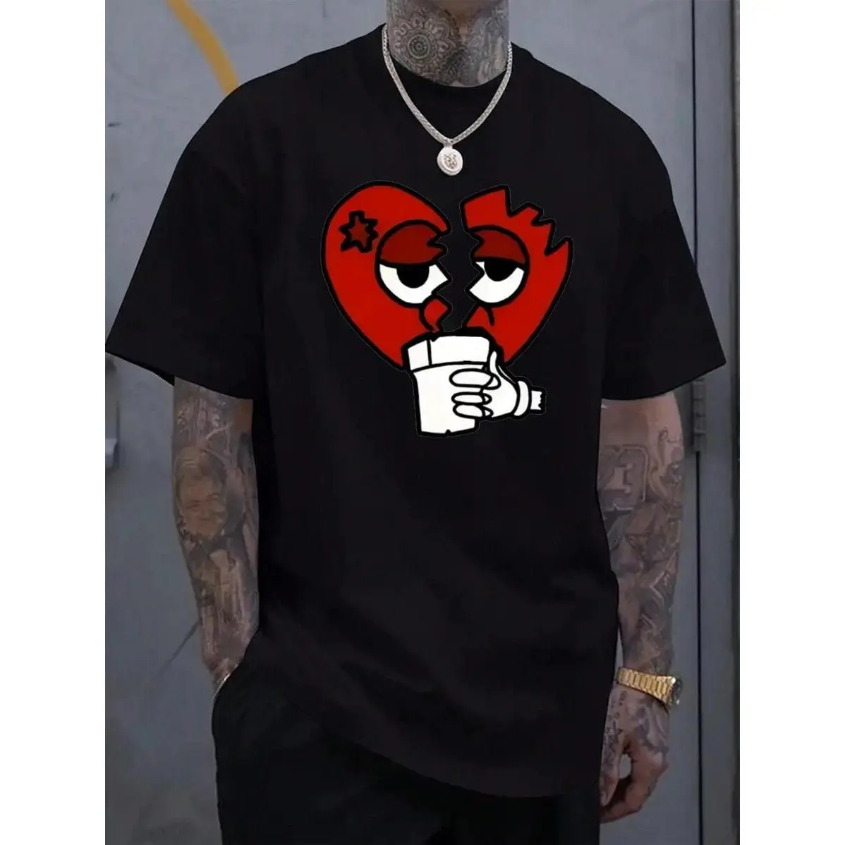 Unisex 200g Cotton Broken Heart Cartoon Graphic Casual Sports Top, 1-Pack Round Neck Short-Sleeve Streetwear Tee for Men/Women, Black/Grey Trendy Summer Vacation Outfit, Casual Sports Tops