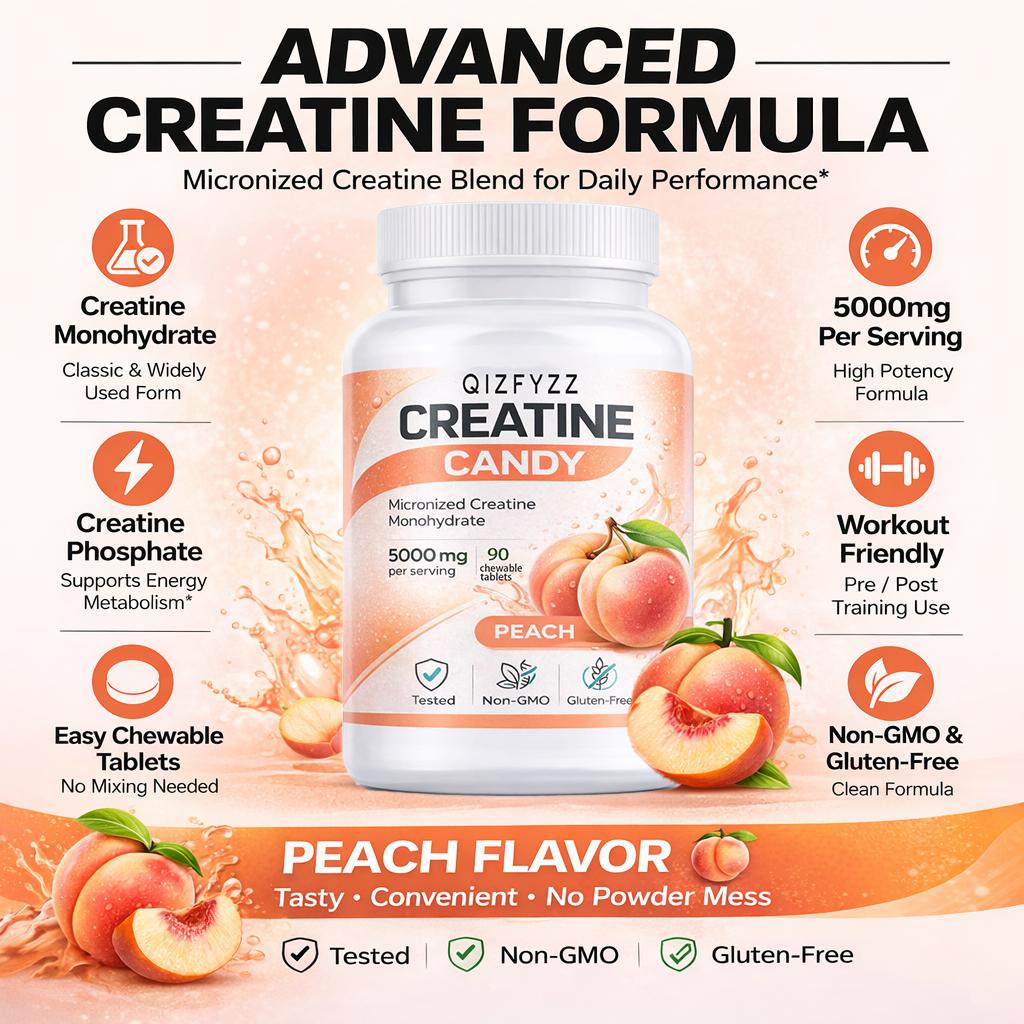 Creatine Chews 5000mg – Peach Flavor | Micronized Creatine Monohydrate, 90 Chewable Tablets | Energy, Strength & Workout Performance | No Mixing Required