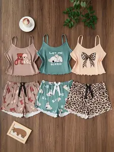 Women's 6-Piece Cartoon Bear Sleepwear Set, Leopard Print Bow Tie Tank Top & Ruffle Shorts, Comfortable Nightwear, Fashionable Daily Wear