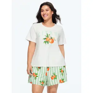 BLOOMCHIC Women's Plus Size Citrus Print Smooth Stretchy Spandex Fabric Garment Loungewear Set - Short-Sleeve Top, Pocketed Bottoms, Size M-6X, 2026 Summer Vibes, Flattering Fit Fit Womenswear