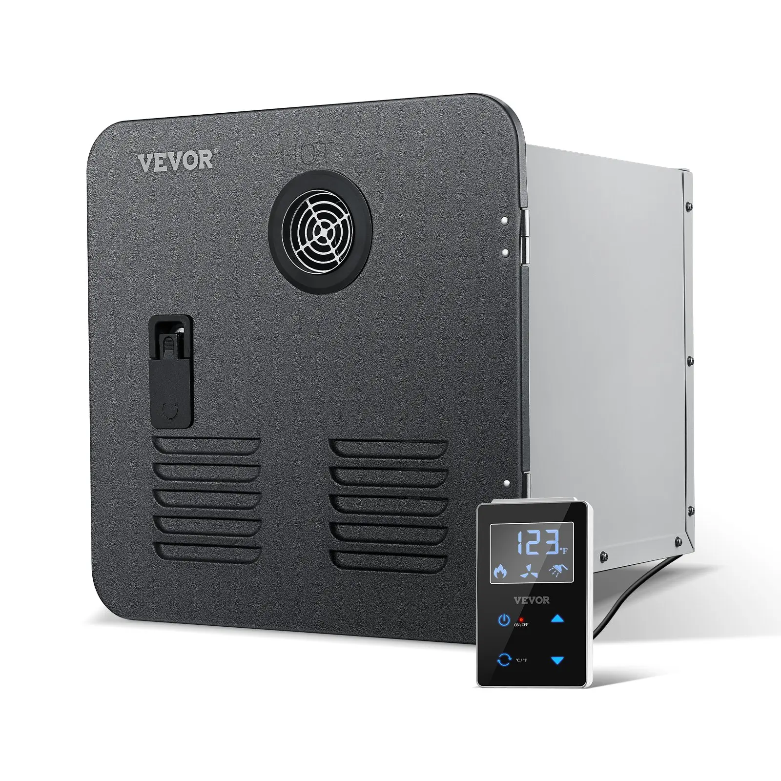 VEVOR 12V DC Powered Instant Tankless Hot Water Heater for RVers & RVers' Family, 55000BTU Black Door Unit (380x380x358 mm/15x15x14 in), CSA Certified, NPT Connectors, Segmented Burner, Remote & Touch Controls, 11.7 kg, All-Season Use