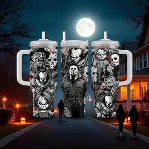 Horror Movie Characters Tumbler With Handle 40oz, Michael Myers Freddy Jason Pennywise Chucky Graphic Travel Mug, Insulated Stainless Steel Water Bottle Straw Cup, Large Halloween Aesthetic Coffee Flasks, Merchandise Gifts For Horror Fans