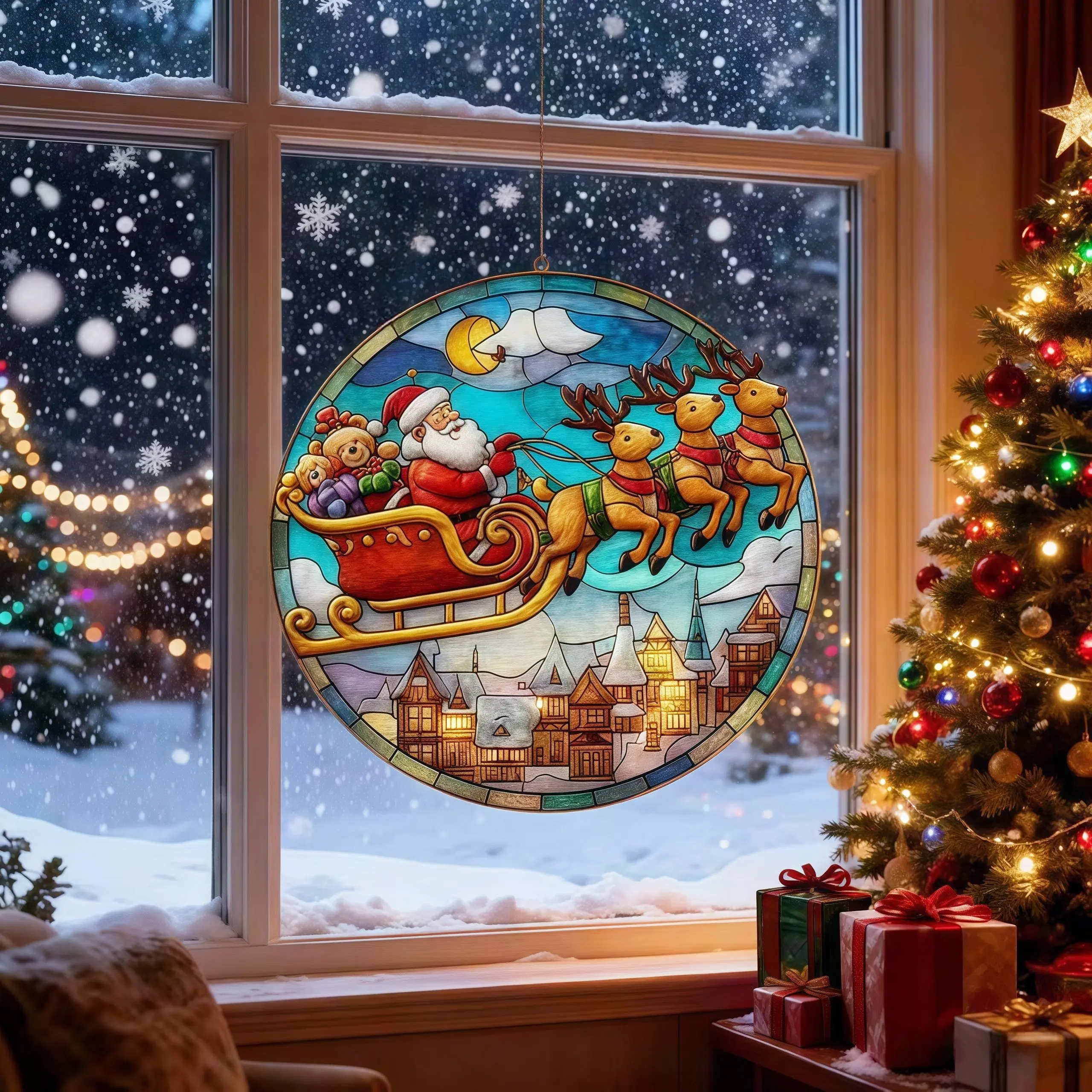 Christmas-themed hanging decoration, 1-piece double-sided circular glass window ornament, home wall decor, perfect gift for friends, Christmas theme.  christmas decorations christmas tree Colorful Led Star Light