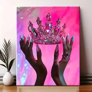 Pink Crown Pattern Wooden Frame Canvas Painting, Modern Art Wall Decoration, Home Living Room Bedroom Office Wall Decoration, Poster Wall Art, Wall Decoration Painting Ornaments Artistic