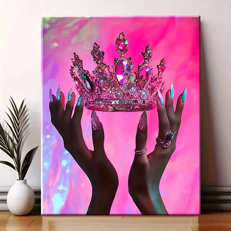 Pink Crown Motif Pine Wood Framed Wall Print - Modern Cool Design Home Decor, Living Room Bedroom Ornament, Home Supplies Poster